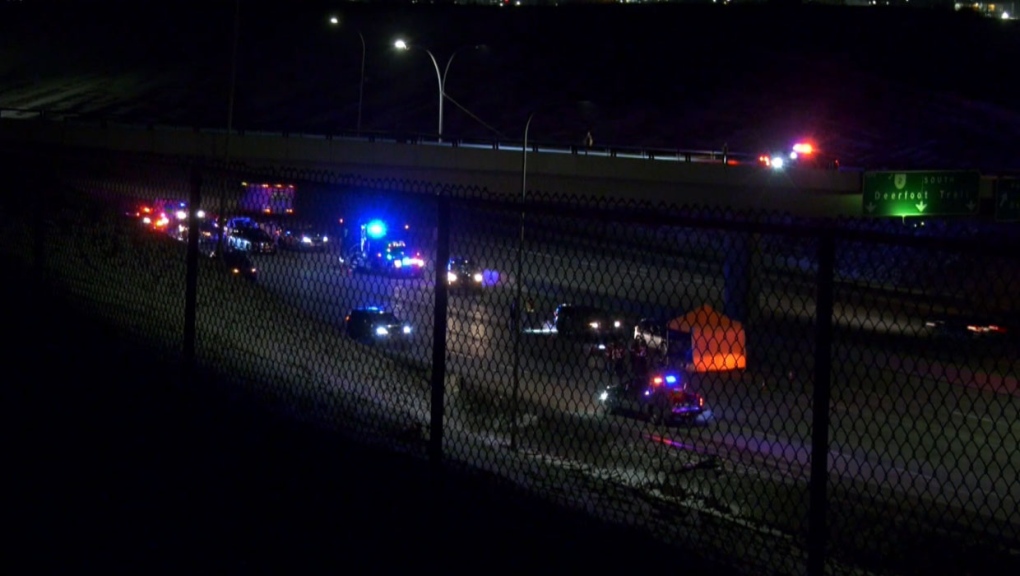 Calgary police say a woman died after she was struck in the northbound lanes of Deerfoot Trail on Tuesday night.