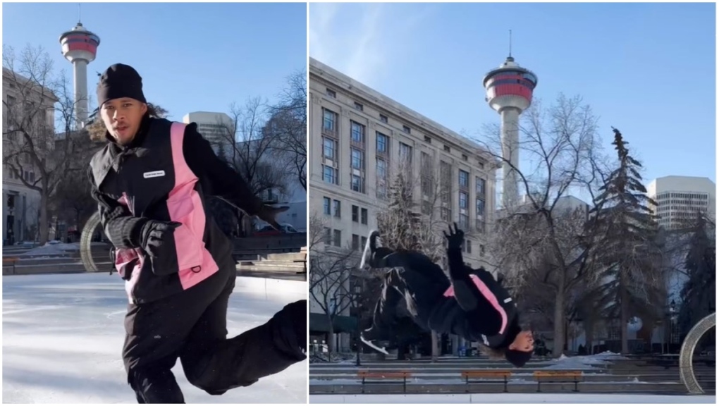 Elladj Baldé is shown skating at Calgary's Olympic Plaza in a video released on Jan. 27, 2023. 