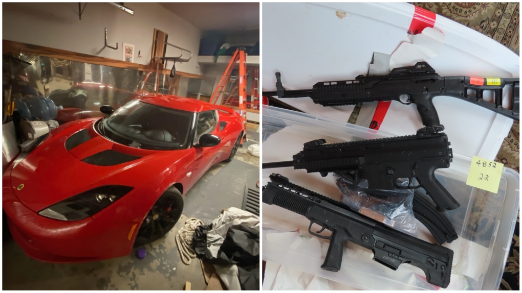 Calgary police seized several stolen vehicles, including a sports car, as well as quantities of illicit drugs from three homes in the Calgary area last month. (Supplied)