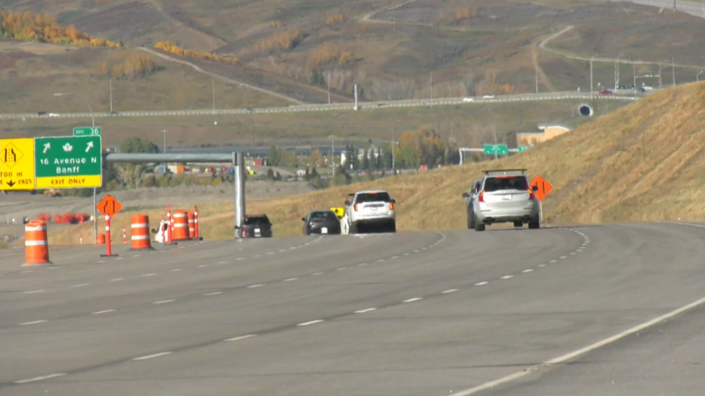 Vehicles are seen driving on the West Calgary Ring Road on Oct. 1, 2023. 