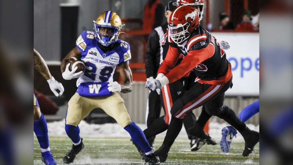 The Winnipeg Blue Bombers' Greg McCrae, left, gets away from the Calgary Stampeders' Damontre Moore in Calgary on Oct. 27. The Stampeders signed Moore on Monday. THE CANADIAN PRESS/Jeff McIntosh
