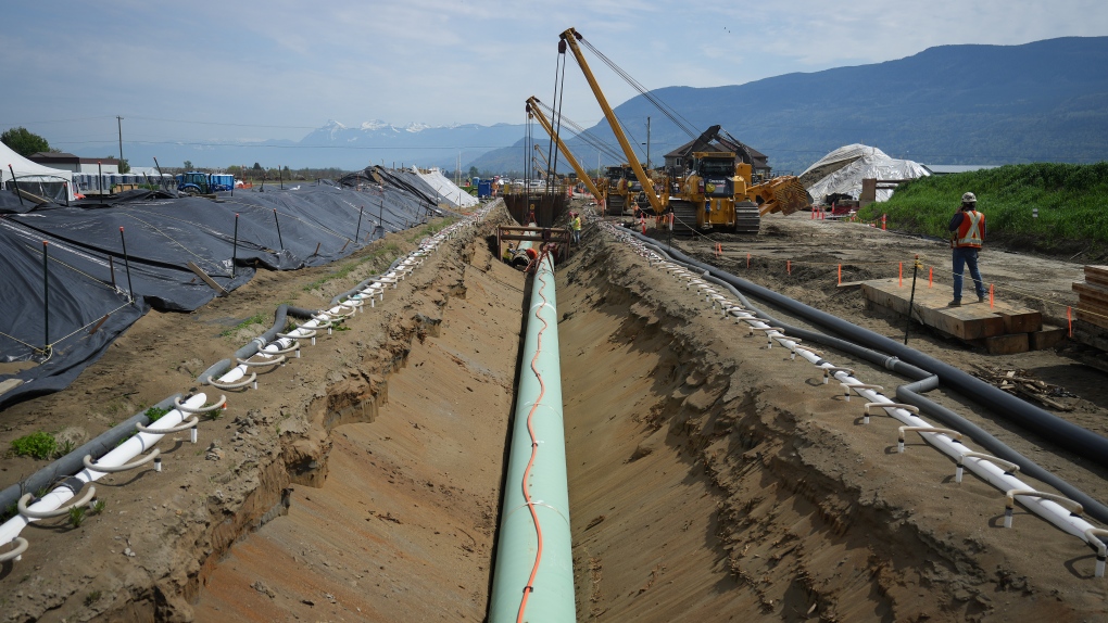 Workers lay pipe during construction of the Trans Mountain pipeline expansion on farmland, in Abbotsford, B.C., on Wednesday, May 3, 2023. The CEO of Pembina Pipeline Corp. says the company needs a resolution of uncertainties surrounding the Trans Mountain expansion project before deciding whether to make an offer for an equity stake in the pipeline. THE CANADIAN PRESS/Darryl Dyck