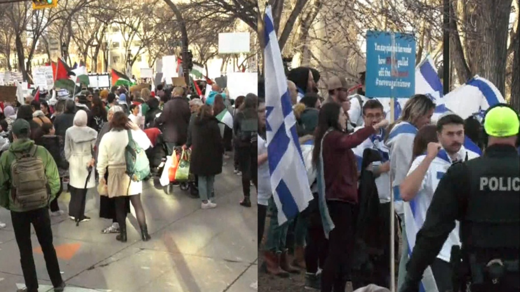 Calgary police say the demonstration between supporters of Israel and Gaza on Nov. 5, 2023, was largely peaceful, except for one person who was arrested and charged with causing a disturbance.