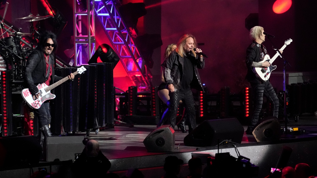 Mötley Crüe performs after the second day of the 2023 NFL football draft, Friday, April 28, 2023, in Kansas City, Mo. (AP Photo/Steve Luciano)