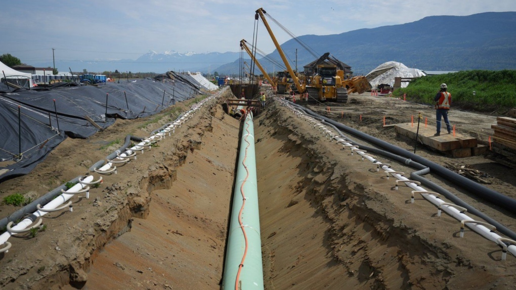 Workers lay pipe during construction of the Trans Mountain pipeline expansion on farmland, in Abbotsford, B.C., on May 3, 2023. THE CANADIAN PRESS/Darryl Dyck