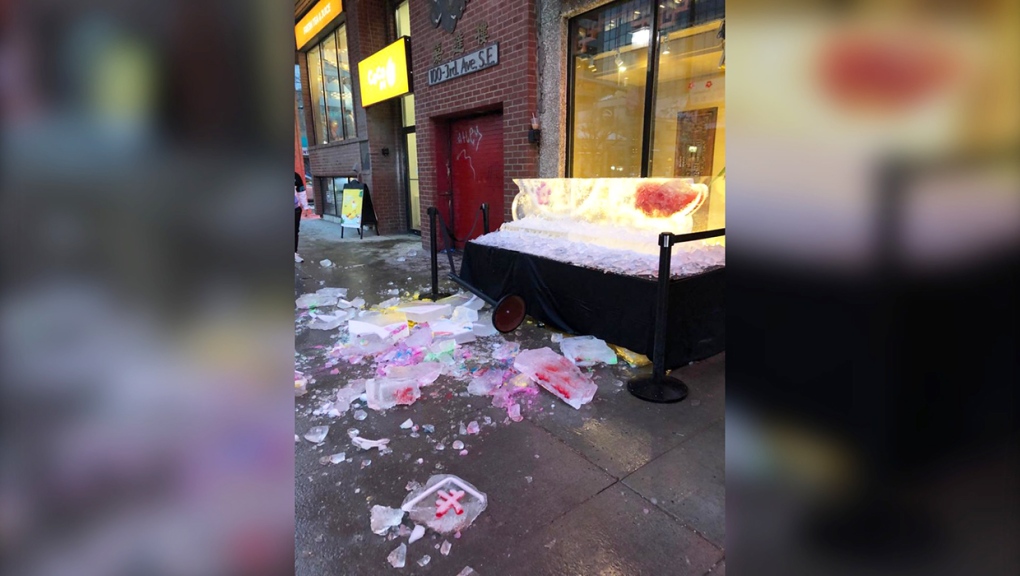 An ice sculpture was destroyed by a vandal Friday night in Chinatown. (Photo credit: BrianWongTV)