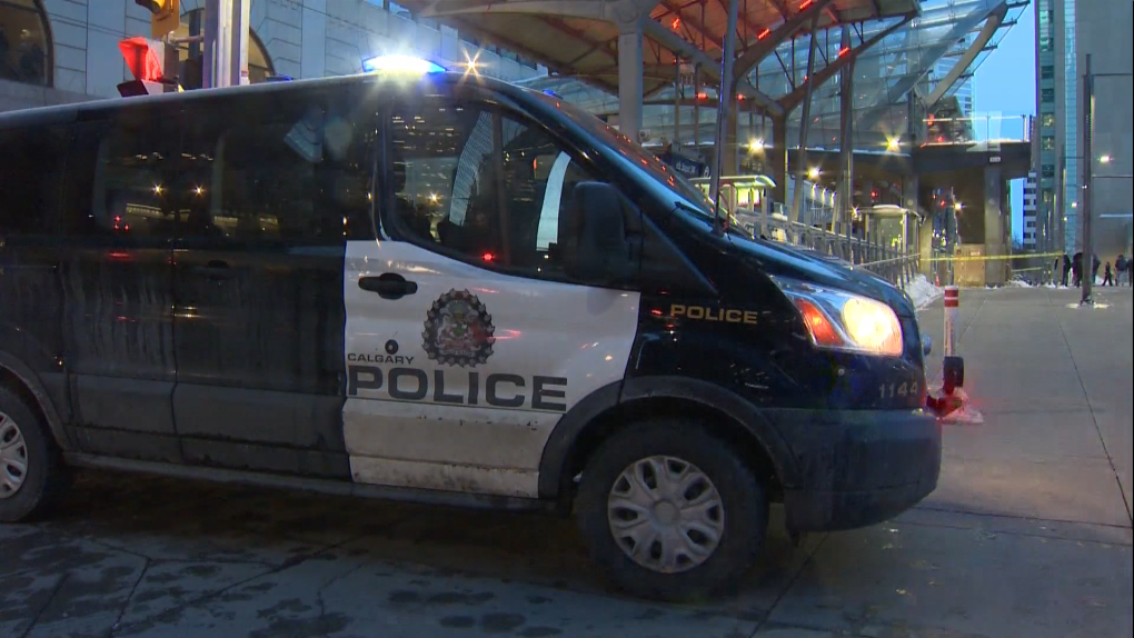 A Calgary Police Service unit and police tape at the Fourth Street LRT station on the morning of March 15 following a double stabbing that sent two people to hospital.