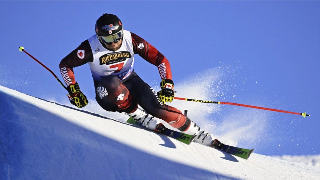 Brady Leman of Canada in action during the men's FIS Ski Cross World Cup qualifying event in Idre, Sweden, Friday, Jan. 20, 2023. Brady Leman earned a gold medal in the men's World Cup ski cross to lead a three-medal day for Canada in the event on Saturday. (Anders Wiklund /TT News Agency via AP)