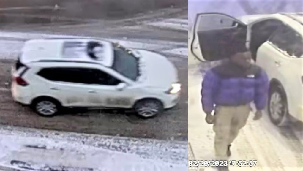 Calgary police released these CCTV photos showing a man and white Nissan Rogue believed to be involved in a road rage incident on Monday, Feb. 20, 2023. (Calgary Police Service handout) 