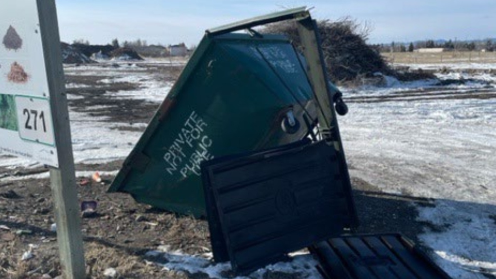 Two garbage receptacles in Claresholm, Alta., were damaged by makeshift explosives. (RCMP)