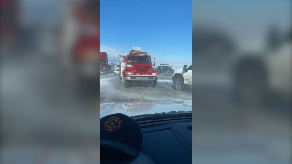 RCMP say a commercial truck driver has been charged under Alberta's Traffic Safety Act in connection with a pileup on Highway 3 on March 2. (Supplied/Pincher Creek Emergency Services)