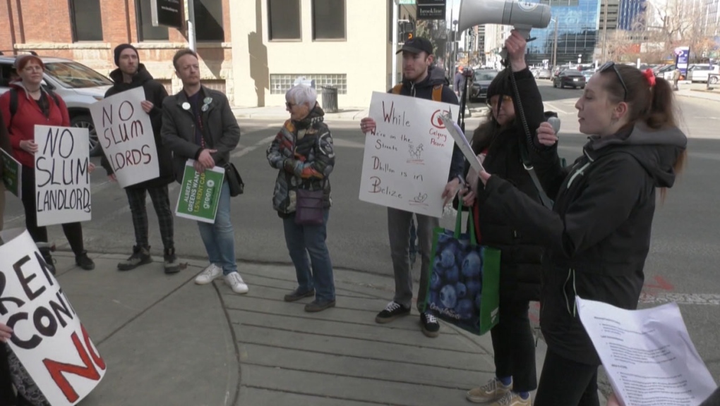 Members of the organization ACORN were set up outside the downtown Calgary office of Mainstreet Equity on Wednesday. The group says the company is buying properties that should be made into affordable housing.