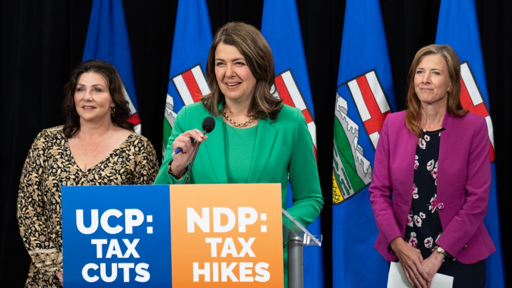 Alberta UCP Leader Danielle Smith holds a news conference with party candidates during the provincial election in Calgary on Wednesday, May 24, 2023. THE CANADIAN PRESS/Todd Korol
