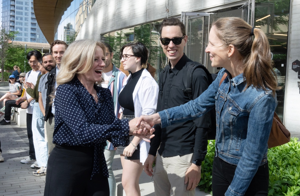 Alberta NDP leader Rachel Notley meets with Albertans before voting at an advance voting station for the upcoming provincial election in Calgary on Tuesday, May 23, 2023. THE CANADIAN PRESS/Todd Korol