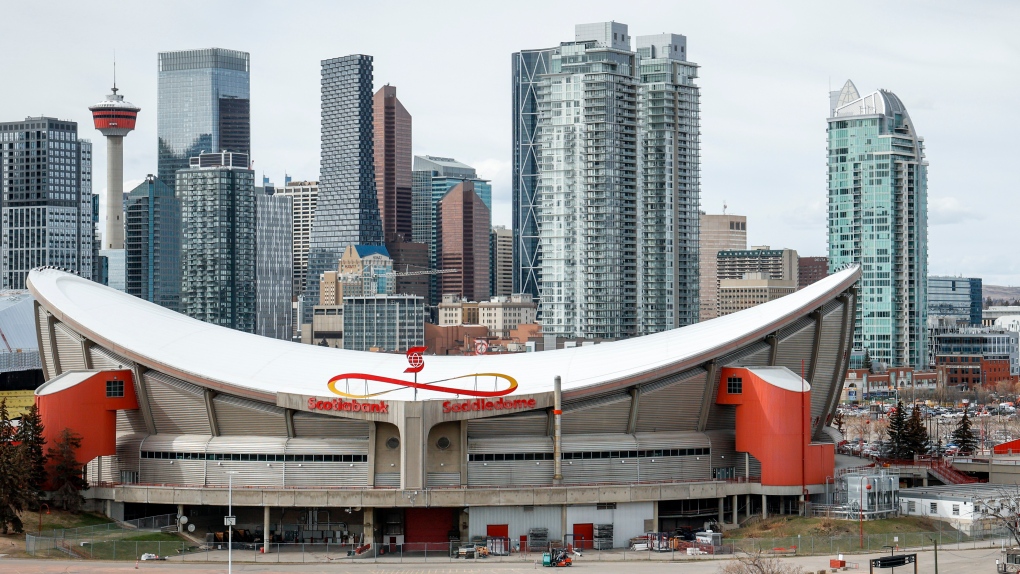 The Scotiabank Saddledome is shown with Calgary's downtown area in the background on Tuesday, April 25, 2023. THE CANADIAN PRESS/Jeff McIntosh