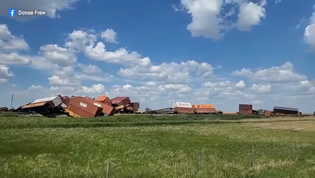 A train derailed about 100 km east of Calgary Thursday afternoon.