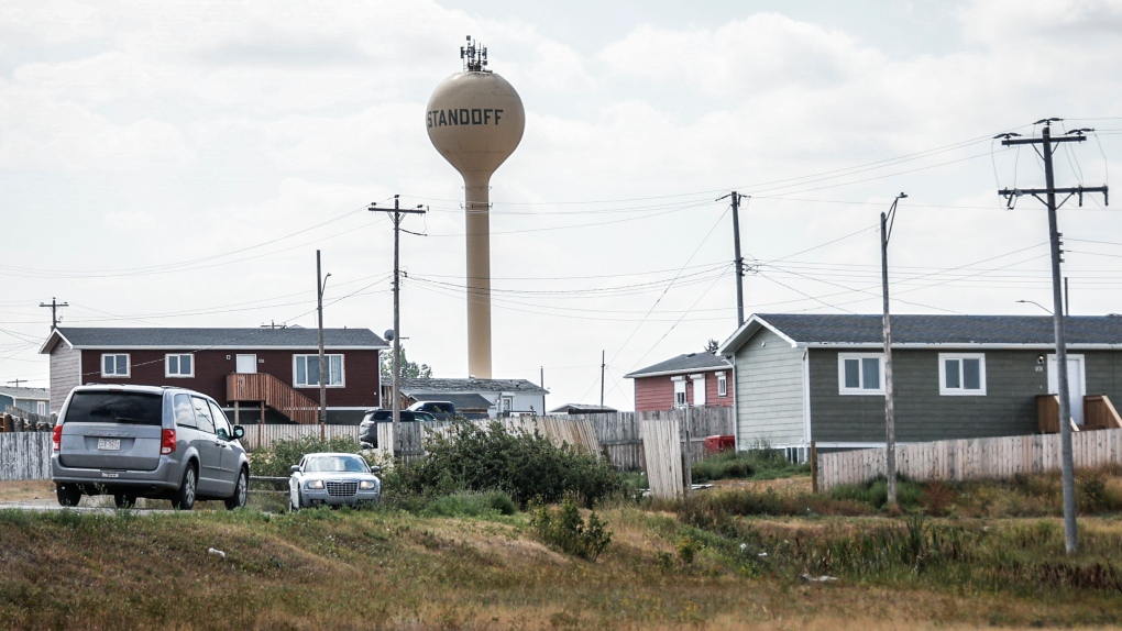 A water tower looms over Stand Off, Alta., Friday, Aug. 25, 2023. THE CANADIAN PRESS/Jeff McIntosh