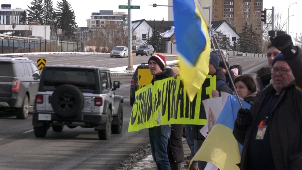 Calgarians rally for Ukraine on Feb. 11, 2024. (CTV News Calgary)