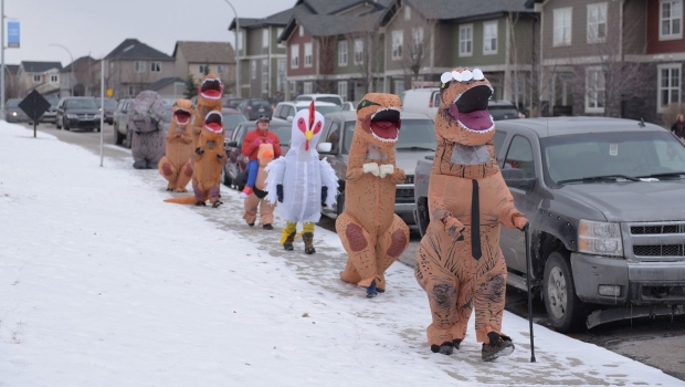 calgary, covid-19, dino costumes, coronavirus