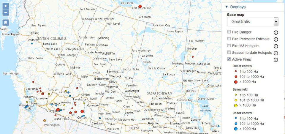 Active fires, western Canada, Aug. 21