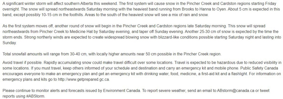 Winter storm warning, Alberta, Environment Canada