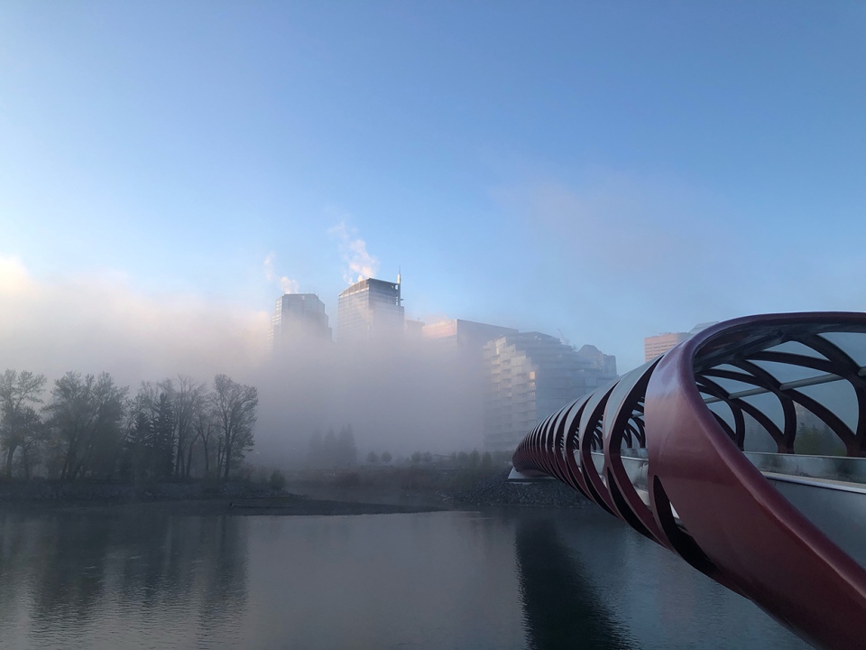 Calgary, Peace Bridge, fog, Katherine,