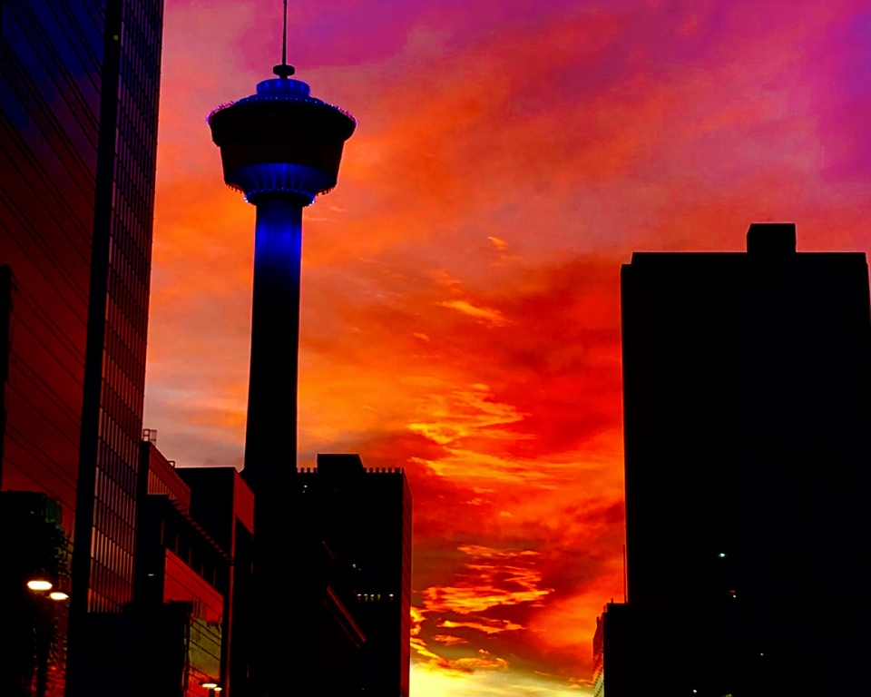 Chris, sunset, Calgary Tower, viewer